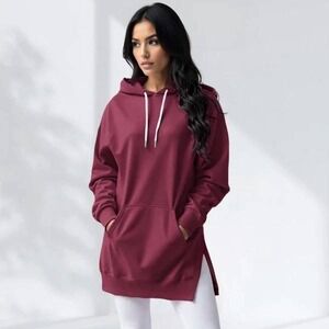 The Warmy Burgundy Fleece Lined Oversized Hoodie Pullover Mens L Maroon Longline